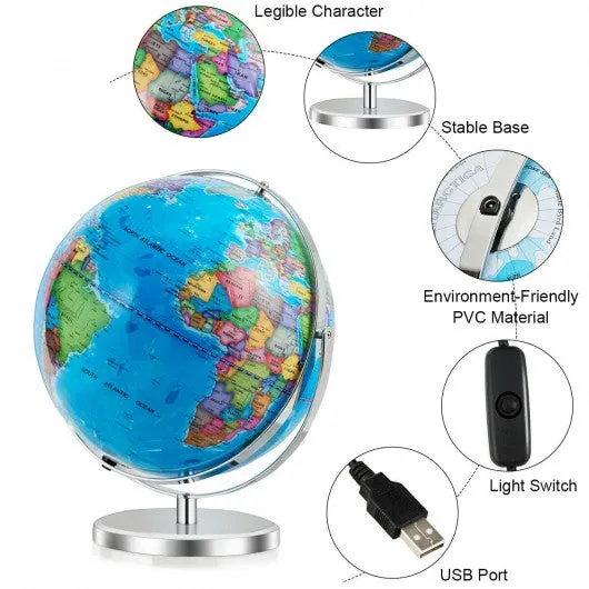 13" Illuminated World Globe 720° Rotating Map with LED Light