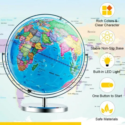 13" Illuminated World Globe 720° Rotating Map with LED Light