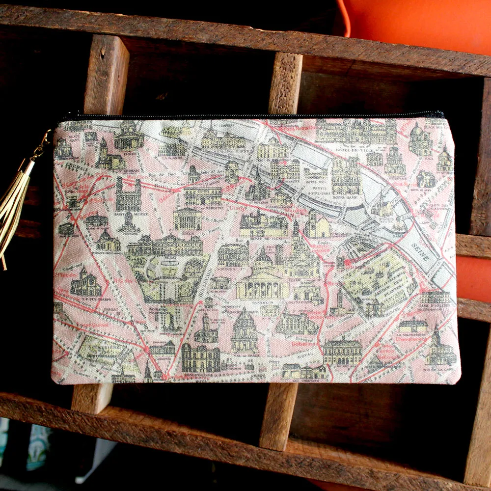 Antique Paris Map print clutch bag
