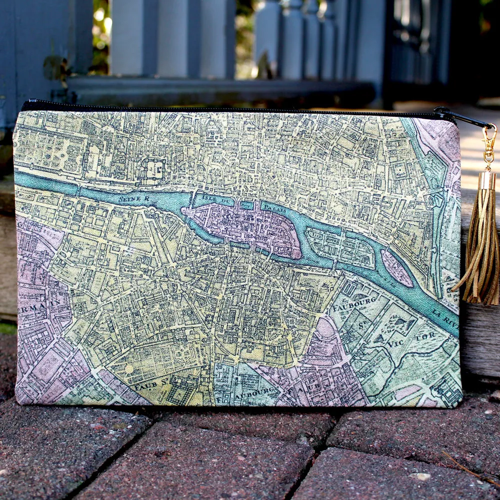 Antique Paris Map print clutch bag