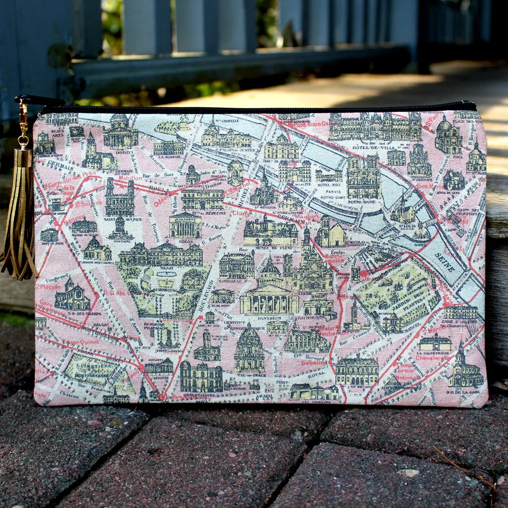 Antique Paris Map print clutch bag