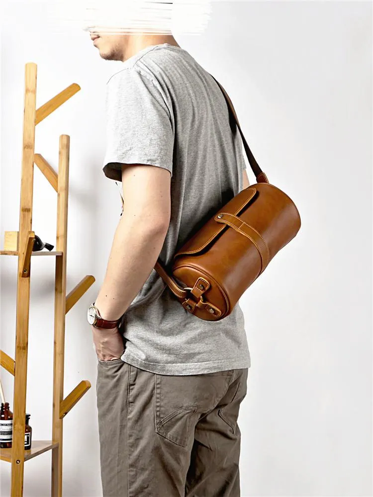 Brown Leather Mens Casual Bucket Shoulder Bag Barrel Messenger Bags Postman Bag For Men