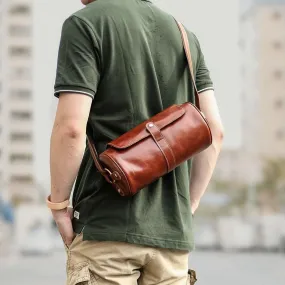 Brown Leather Mens Casual Bucket Shoulder Bag Barrel Messenger Bags Postman Bag For Men