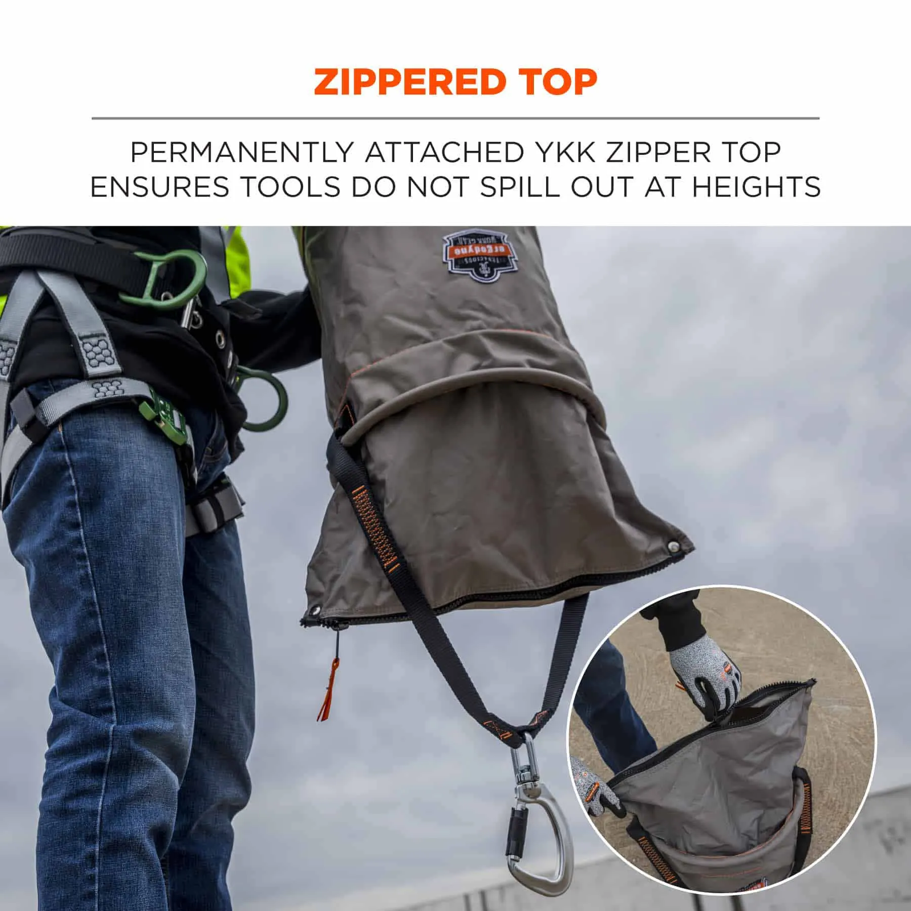 Ergodyne 15976 5976 XL Gray XL Hoist Bucket - Swiveling Carabiner - Zipper