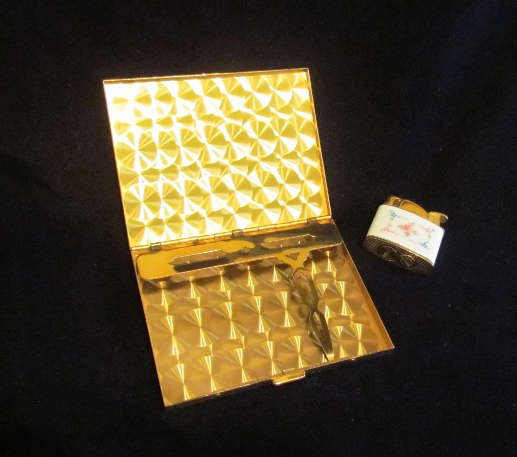 Evans Cigarette Case Lighter Set Guilloche Enamel 1950s Floral Set Fits 100s Excellent Working Condition