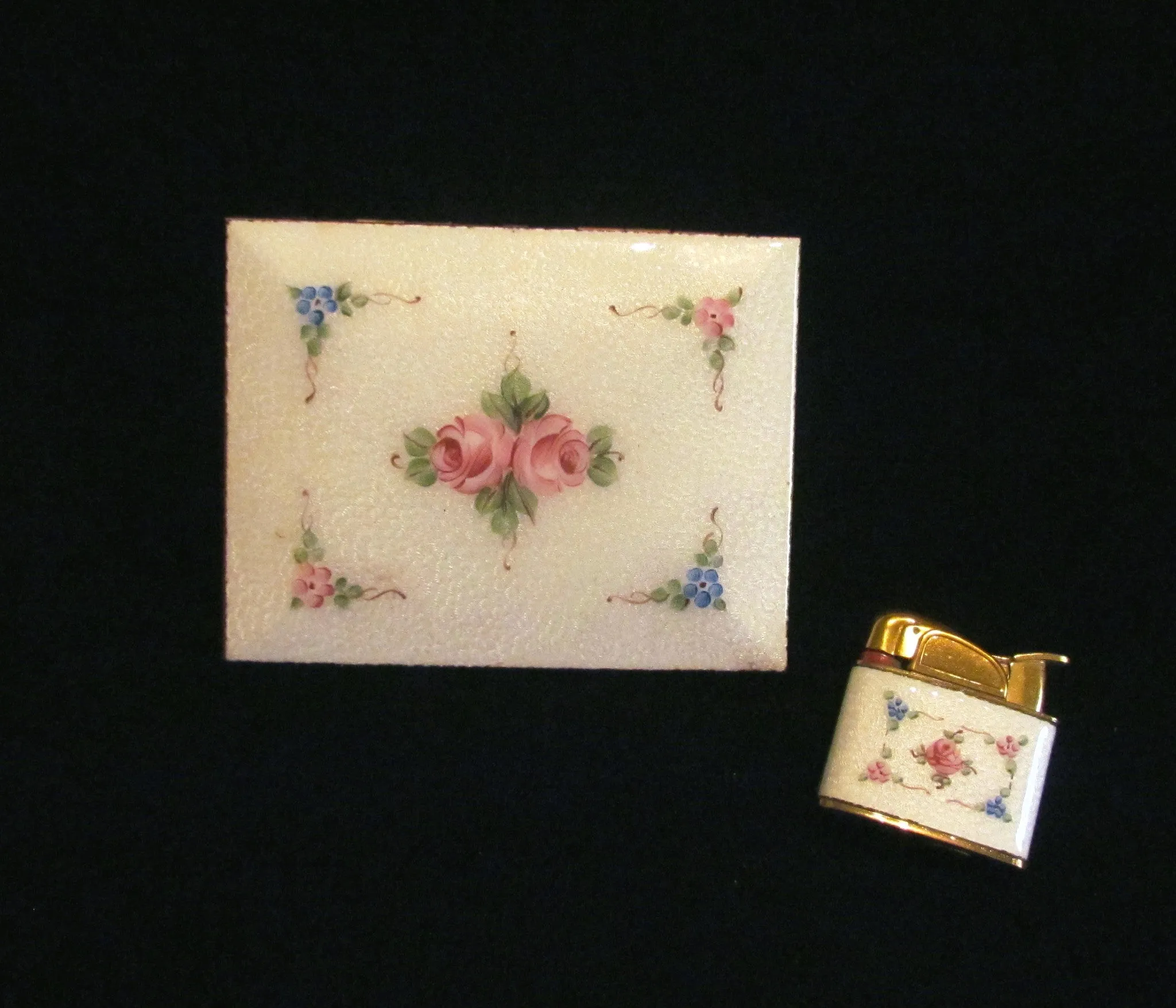 Evans Cigarette Case Lighter Set Guilloche Enamel 1950s Floral Set Fits 100s Excellent Working Condition
