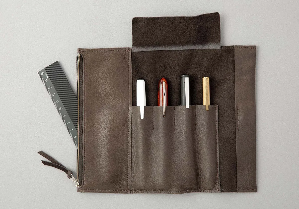 Grain Leather Roll Pen Case Navy