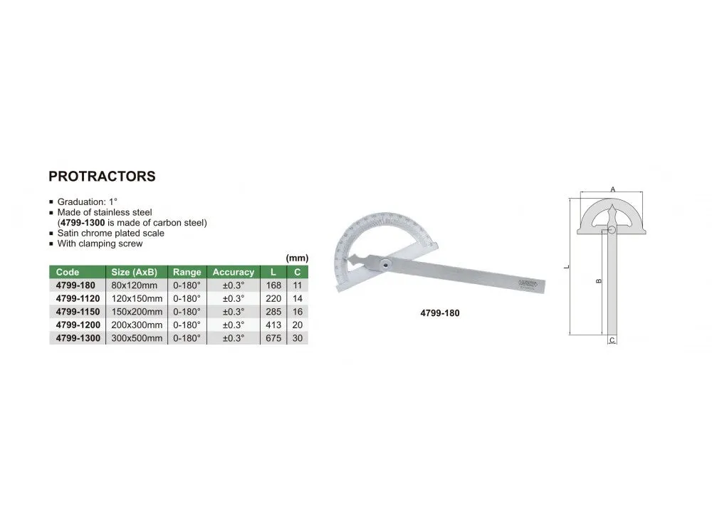 Insize (300x500MM) 0-180° Protractor 4799-1300,  0.3°