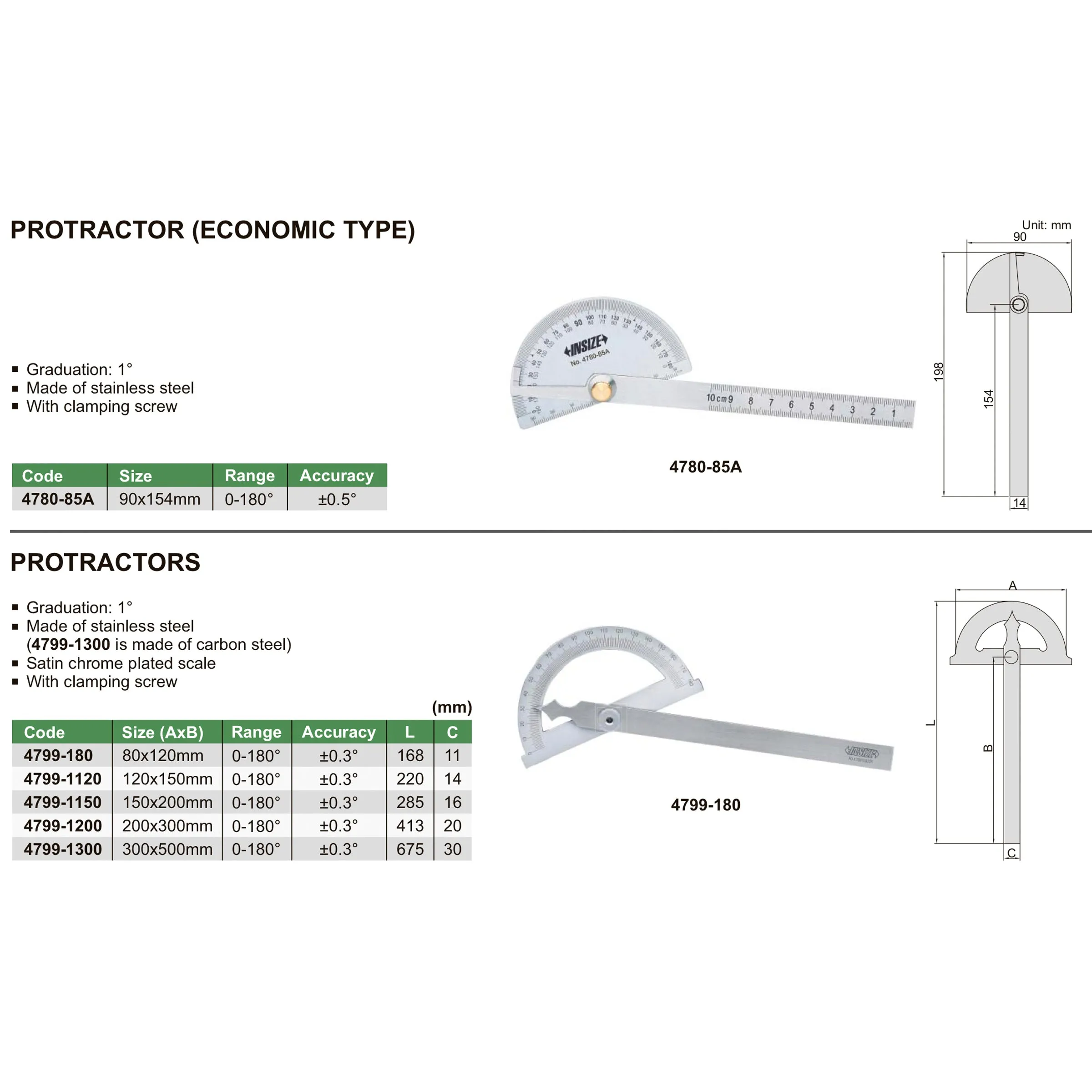 Insize (300x500MM) 0-180° Protractor 4799-1300,  0.3°