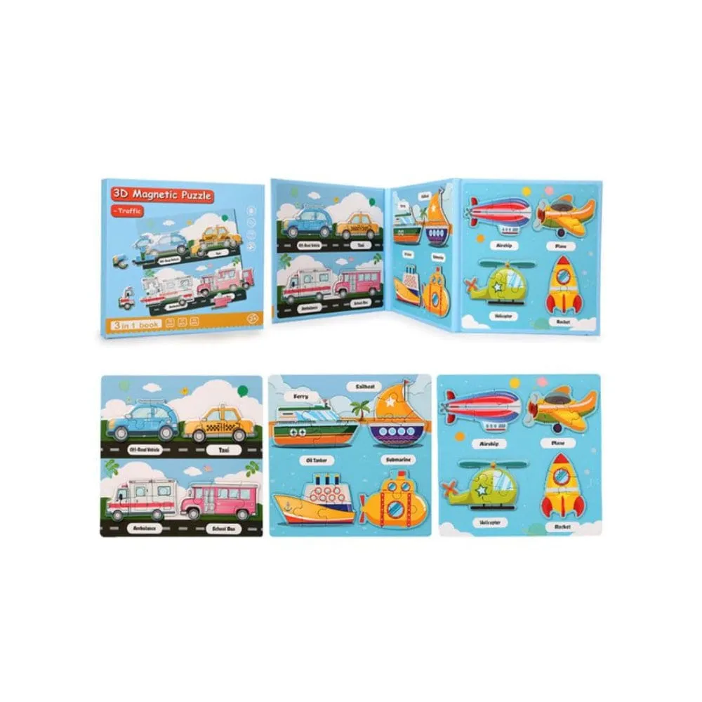 Montessori Magnetic Puzzle Books for Kids, Durable Reusable Paper Puzzles for Toddlers, Engineering Vehicles