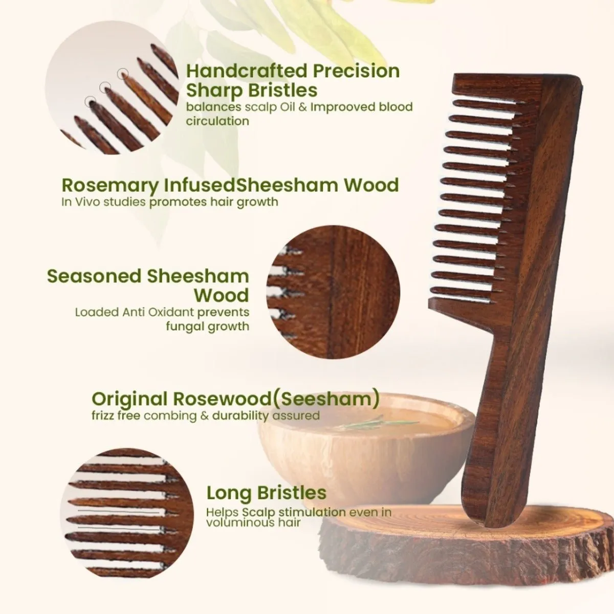 Rosewood Wide Tooth Handle Comb for Hair Growth & Anti Frizz